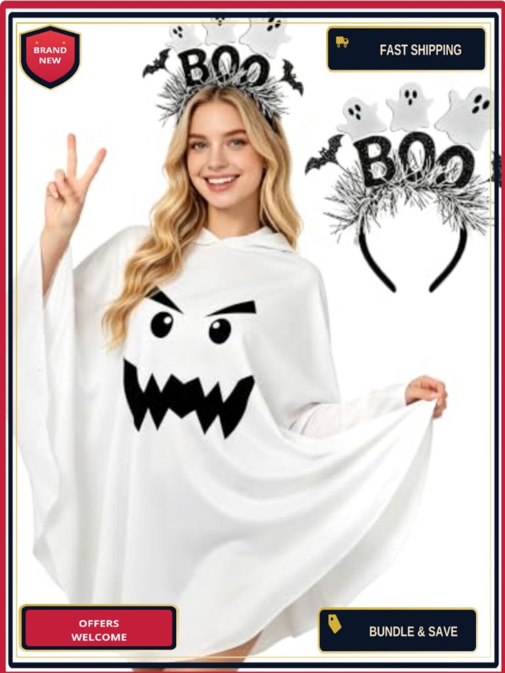 Ghost Poncho Costume Set Hooded Cape Headband Adult Halloween
